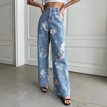 Women's American-style Vintage Blue Floral Print Jeans