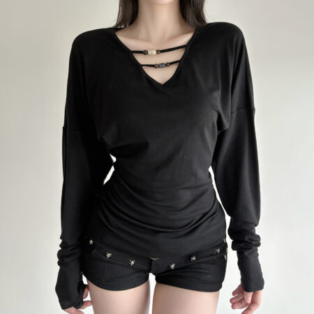 V-neck Beaded Waist-cinching Ruffled Slimming Casual Top