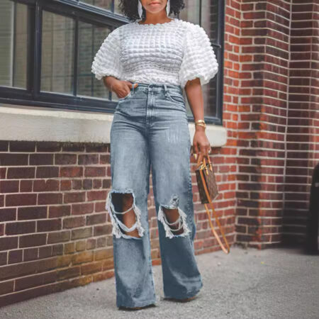 Womens Distressed Ripped Straight-Leg Washed Denim Jeans