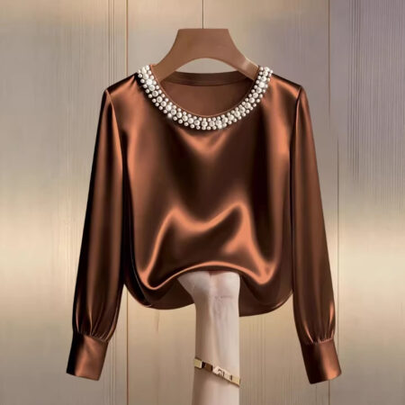 Simple Solid-Color Fashionable Beaded Crew-Neck Long-Sleeve Womens T-Shirt