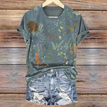 Fashionable Printed Slim-Fit Short-Sleeve Womens Top